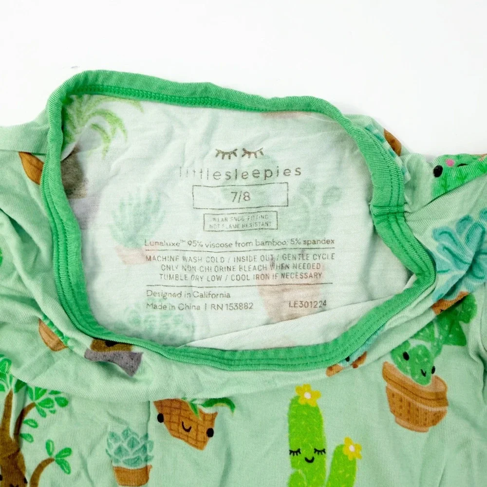 Little Sleepies Pajama Set Kids 7/8 Green Cactus Succulent Bamboo Lunaluxe